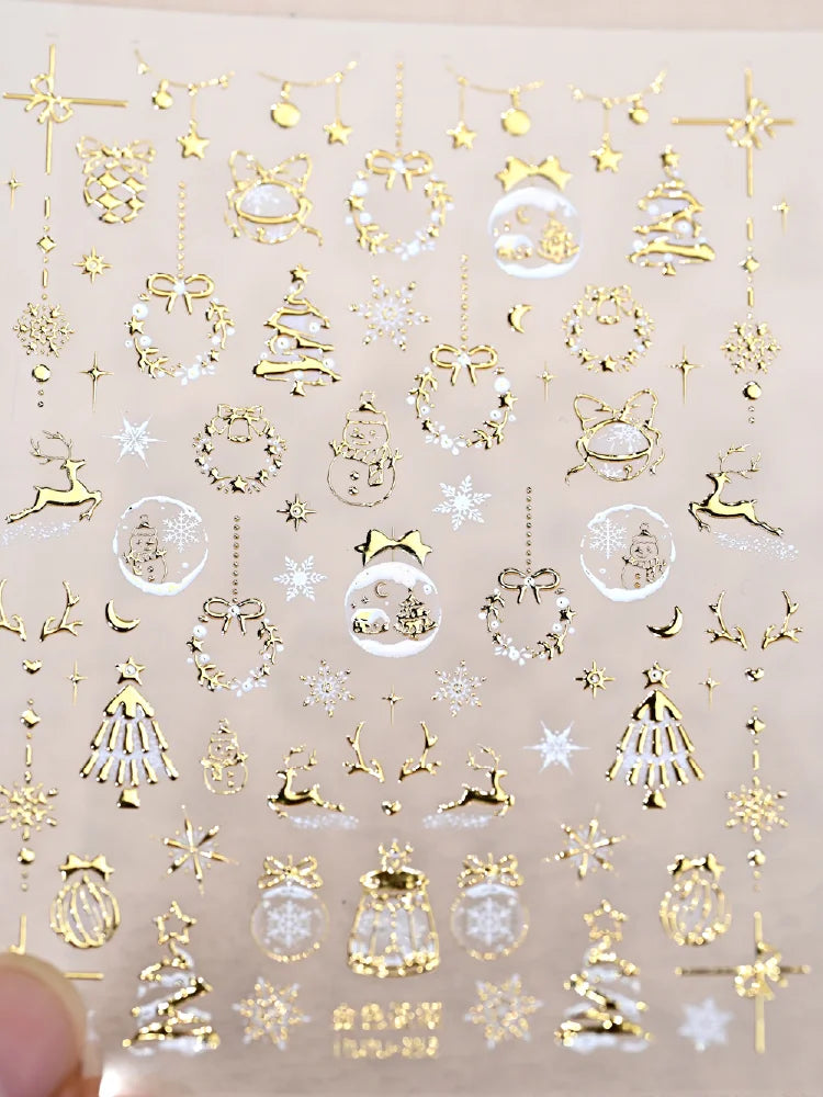 1pc 5D Gold Snow Christmas Tree Wreath Nail Art Stickers Bow Crystal Ball Pendant Winter Nail Decals New Year Xmas Nail Decorati