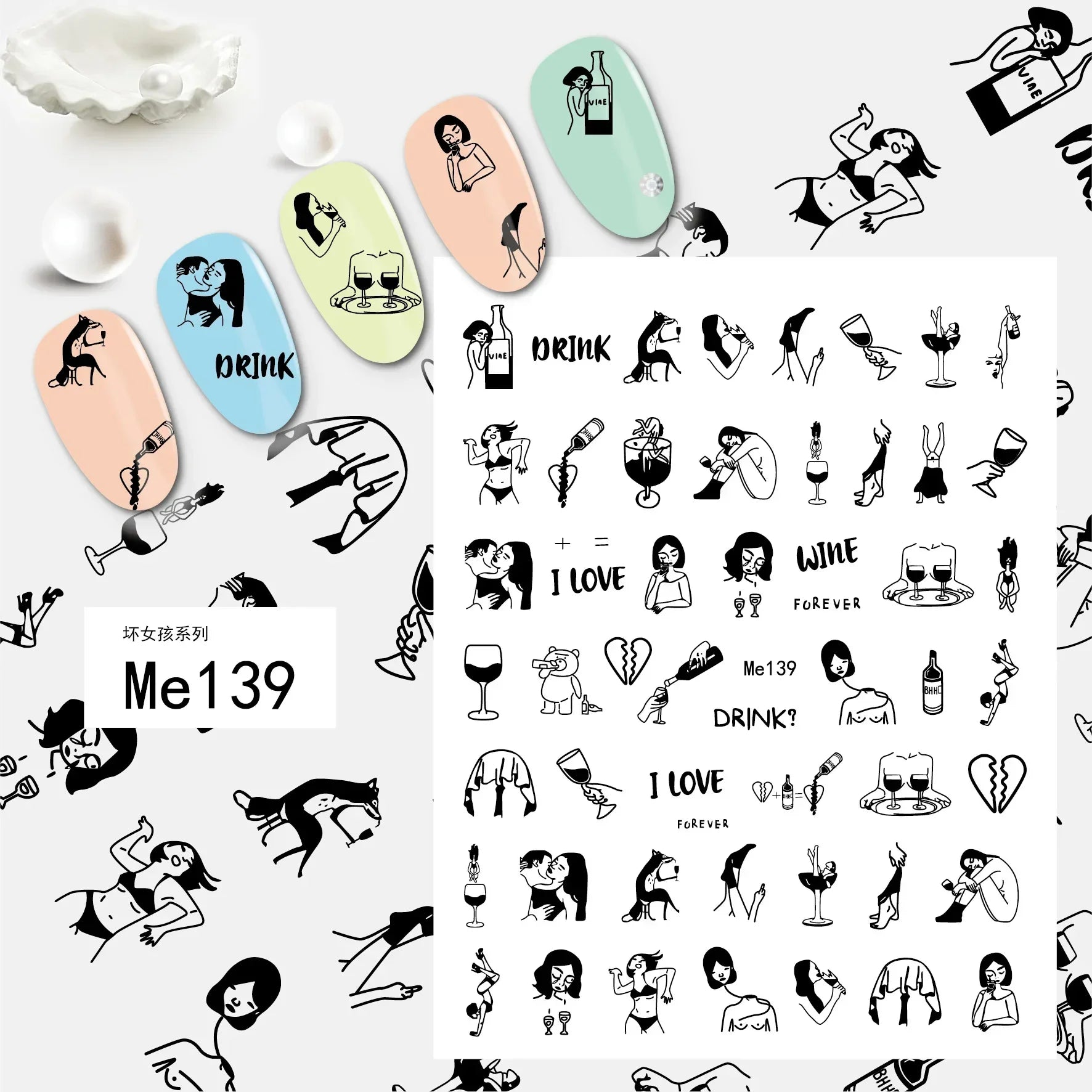 1PCS Black White Love Nail Stickers Letter Nail Design Flower Print Supplies Nail Art Decals Suitable For Women's Manicure