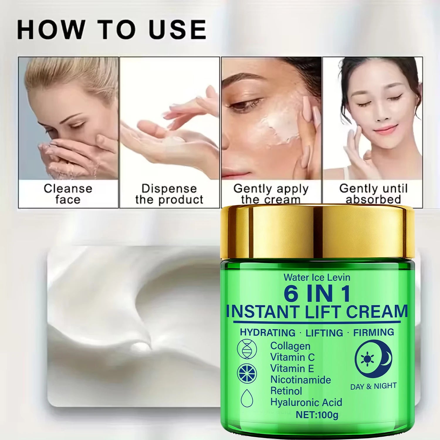 6-in-1 Instant Lift Cream Collagen Vitamin C Retinol Blend. Hydrates, Lifts, Firms Skin. Day Night Use. Visible Tightening. 100g.