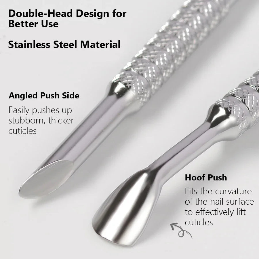 Double-Head Angled Hoof Cuticle Pusher, Stainless Steel Bevel Nail Art Pusher Manicure Stick