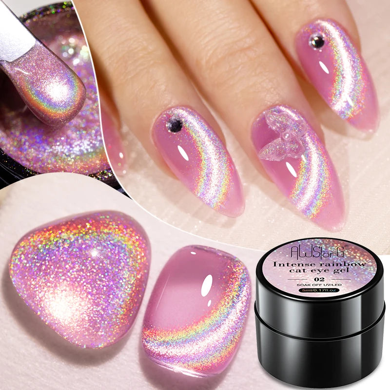AWStorG Intense Rainbow Cat Eye Gel 5ml Holographic Laser Magnetic Nail Gel Soak Off UV LED Gel Polish Shiny Rainbow Manicur