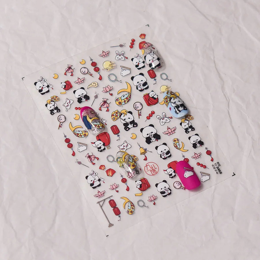 1pcs 5D Embossed Chinese Bamboo Panda Design Nail Art Kawaii Stickers Self-adhesive Transfer Nail Decorations Slider Decals DIY