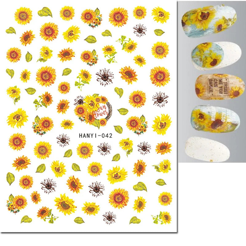 3d Nail Art Decals Geometric Lines Daisy Sunflowers Letters Adhesive Sliders Nail Stickers Decoration For Manicure