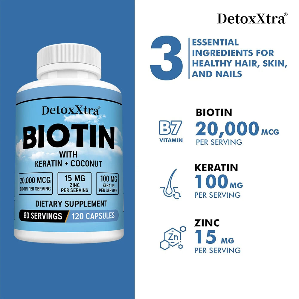 High Potency Biotin 20000 Mcg with Oil Vitamin, Keratin - Biotin Supplements for Hair Growth, Care Hair, Skin and Nails