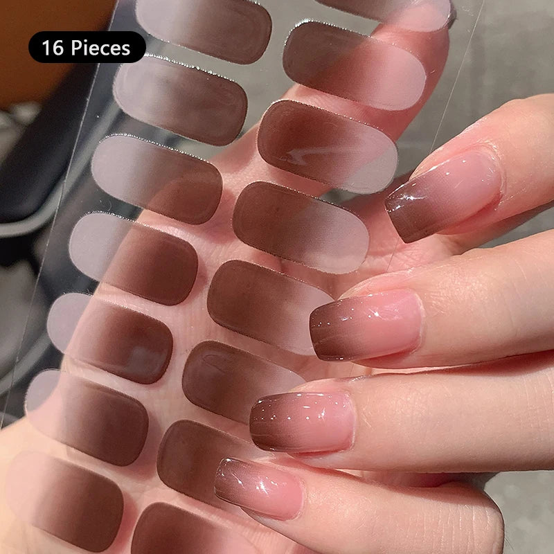 Pink Glitter Design Baking-free Nail Stickers French Style Solid Color Adhesive Full Cover Nail Strip Slider DIY Manicure Decals