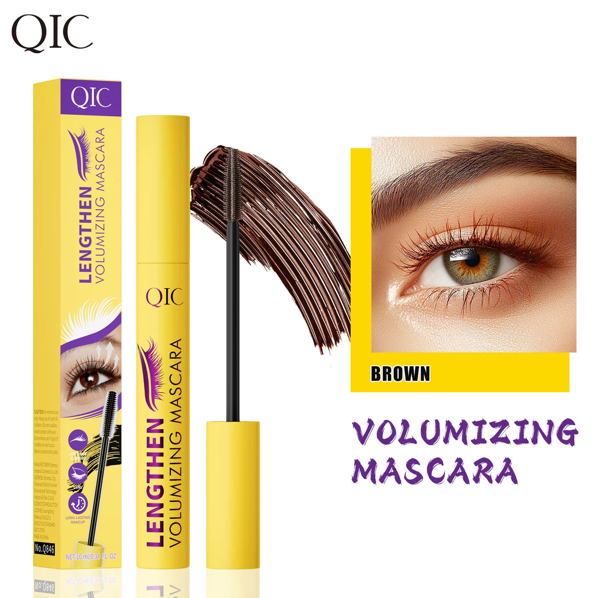 QIC 4D Black Mascara Brown Mascara Thickening, Lengthening, Curling, Waterproof Liquid Fiber Mascara.