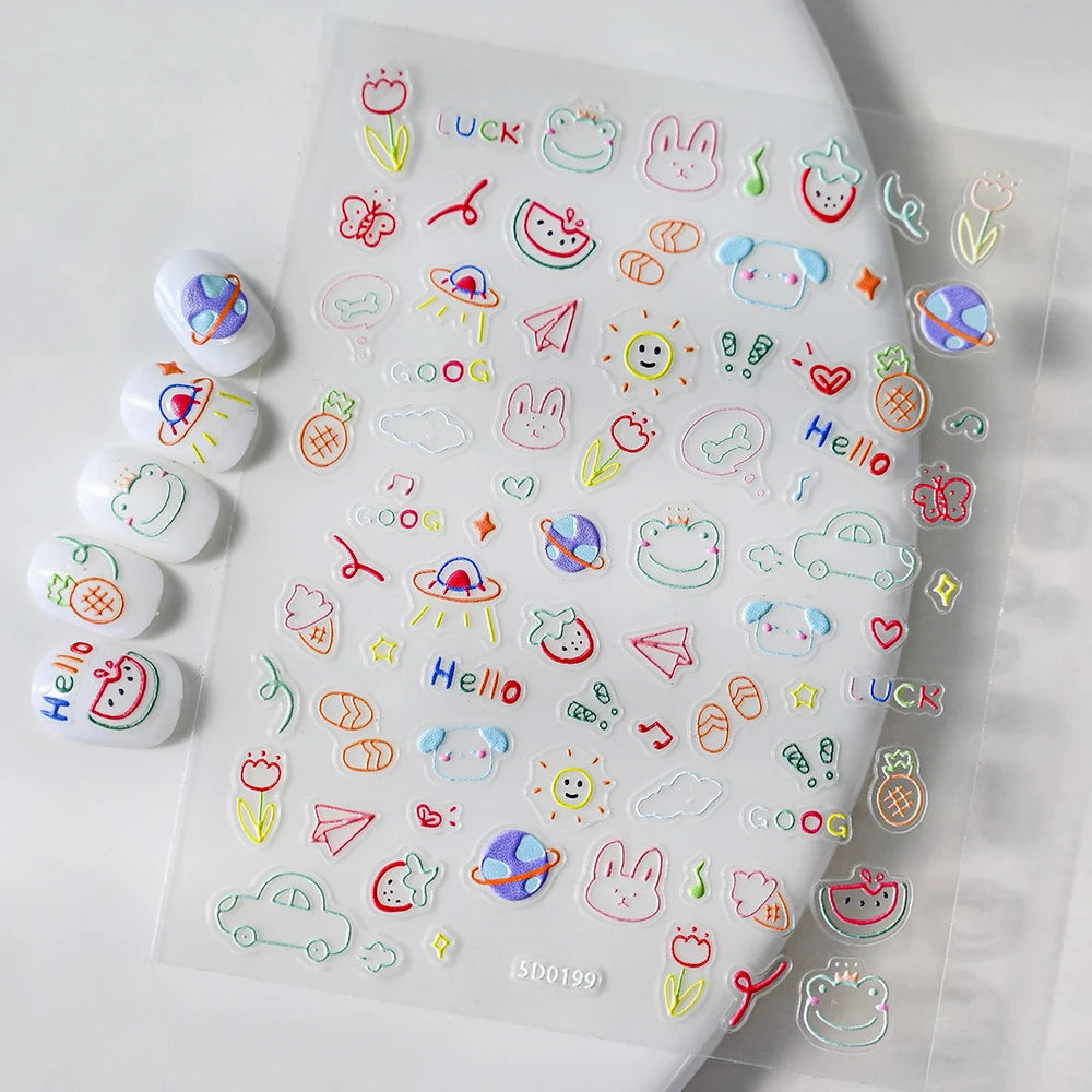 5D Lovely Panda Animal Nail Stickers Bunny Korean Cartoon Relief Self Adhesive Nail Art Stickers Cute Pretty Smile Star Manicure