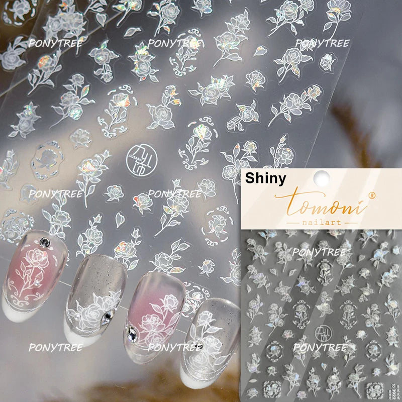 Elegant Pink Purple Flower Rose Colourful Gentle Petal Peach Blossom Metal Shiny Self Nail Art Sticker Decoration Manicure Decal