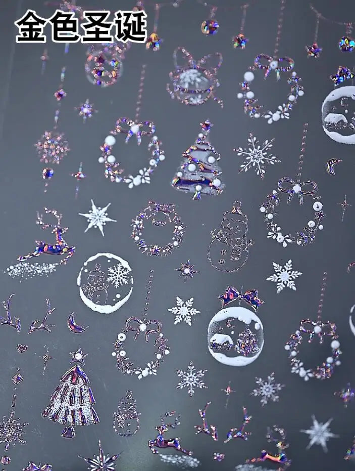1pc 5D Gold Snow Christmas Tree Wreath Nail Art Stickers Bow Crystal Ball Pendant Winter Nail Decals New Year Xmas Nail Decorati