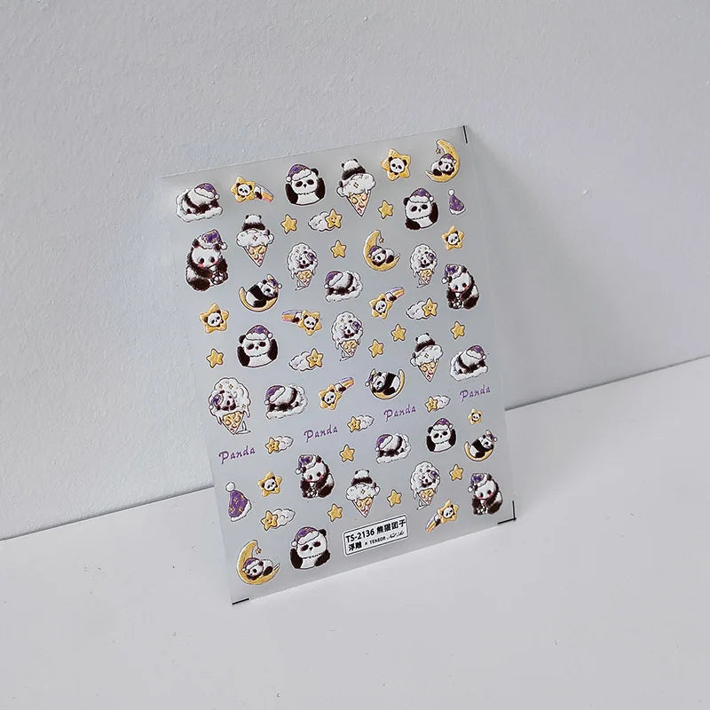 1pcs 5D Embossed Chinese Bamboo Panda Design Nail Art Kawaii Stickers Self-adhesive Transfer Nail Decorations Slider Decals DIY