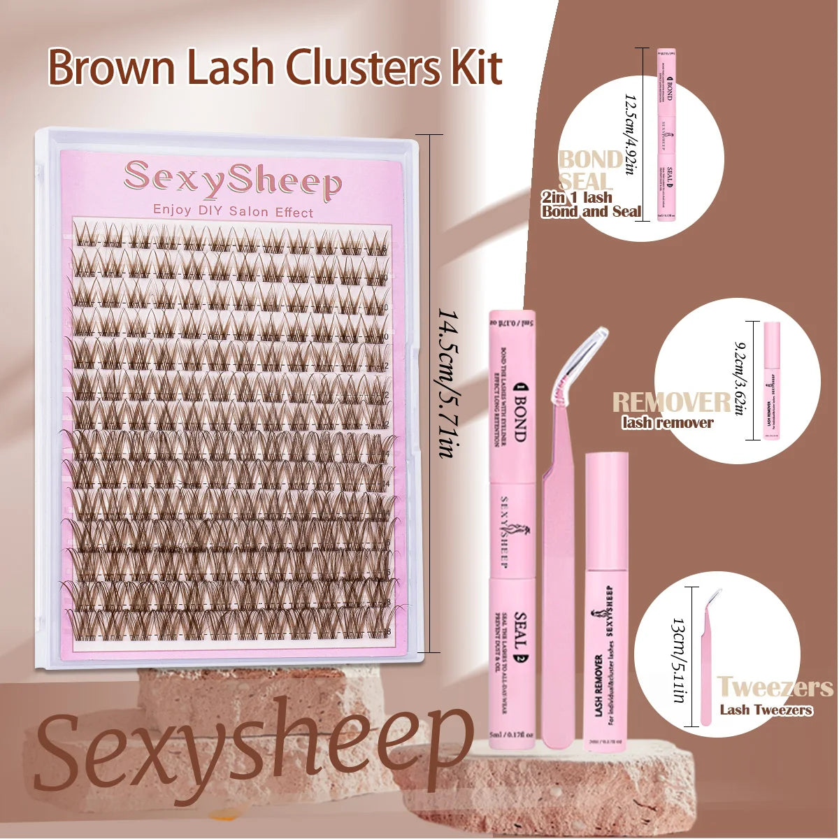 Eyelash Extension Kit DIY Brown Lash Clusters Cosplay Natural Individual Lashes Kit Strong Hold with Lash Bond & Seal Tweezers