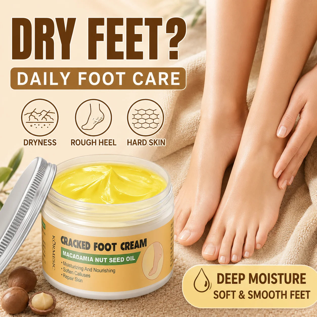 Foot Repair Cream for Dry Cracked Heel Macadamia Nut Seed Oil Moisturizing Foot Balm Callus Softener Rough Heel Smooth Feet Care
