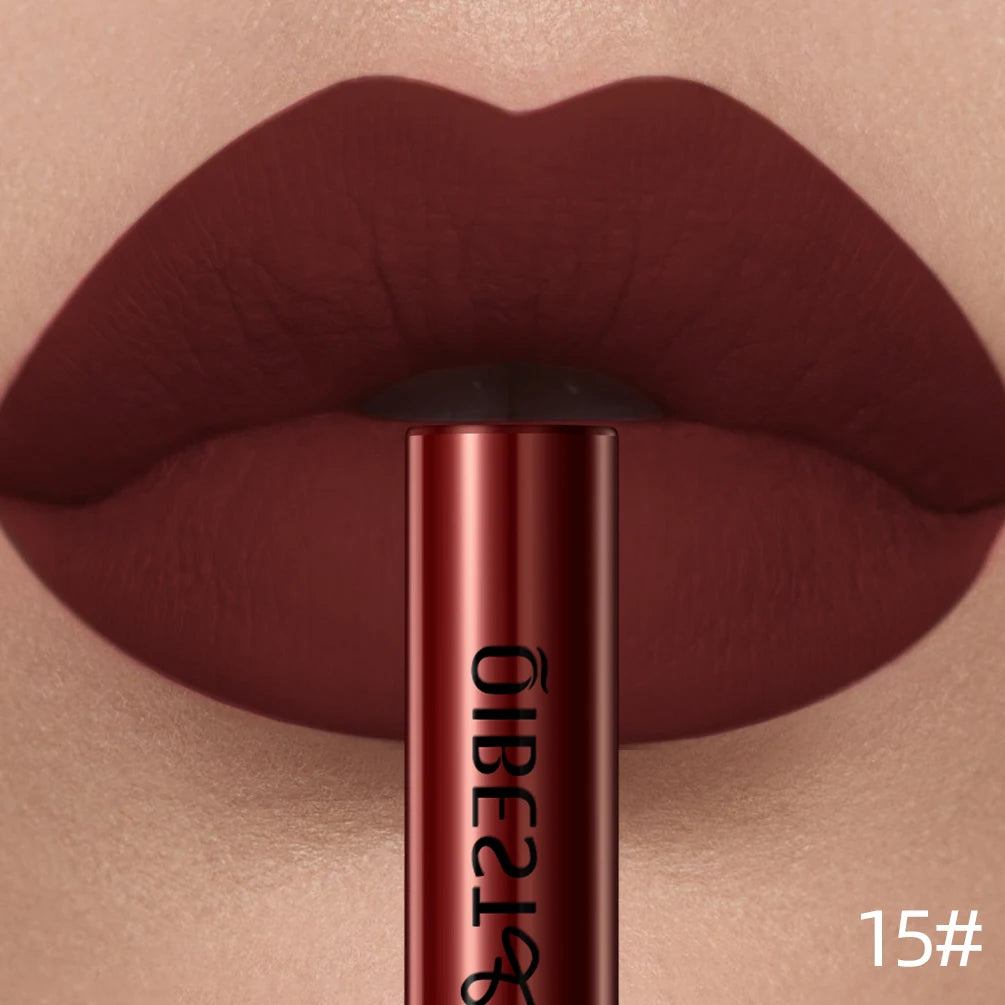 QIBEST Sexy Lipgloss Lasting Velvet Matte Lip Gloss Liquid Lipstick Makeup Women Beauty Nonstick Cup Waterproof Red Lipstick