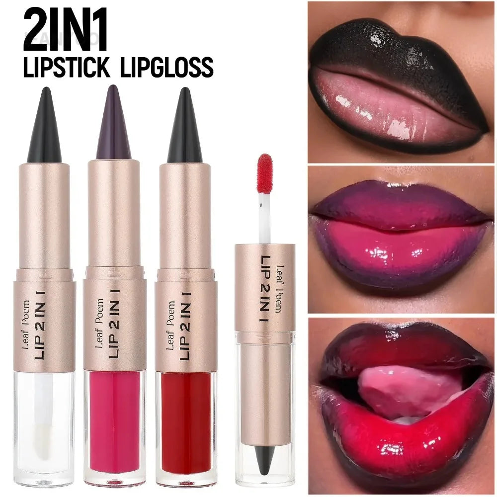 Pink Brown Tapered Lip Liner Contour Pencil Double Head Mirror Plumping Lip Glaze Crystal Lip Gloss Sexy Red Lips Tint Makeup