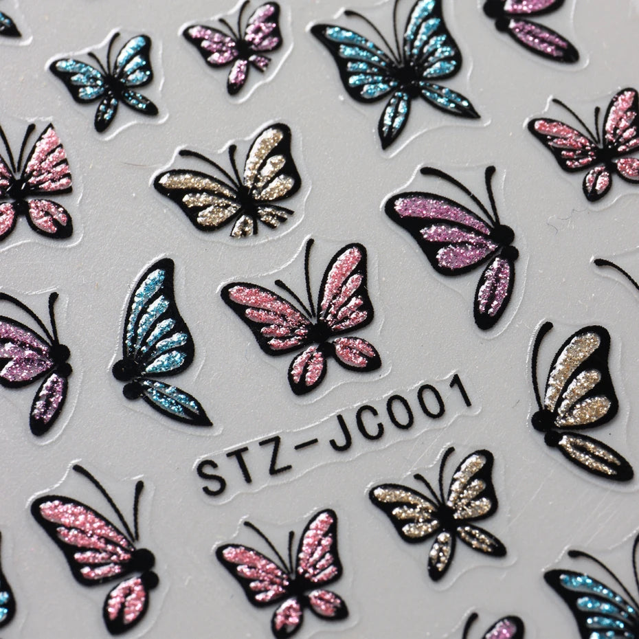 Glitter Butterfly Nail Stickers Decals Charm 3D Shiny Blue Pink Design Self Adhesive Sliders Nail Art Foils Manicure Decorations
