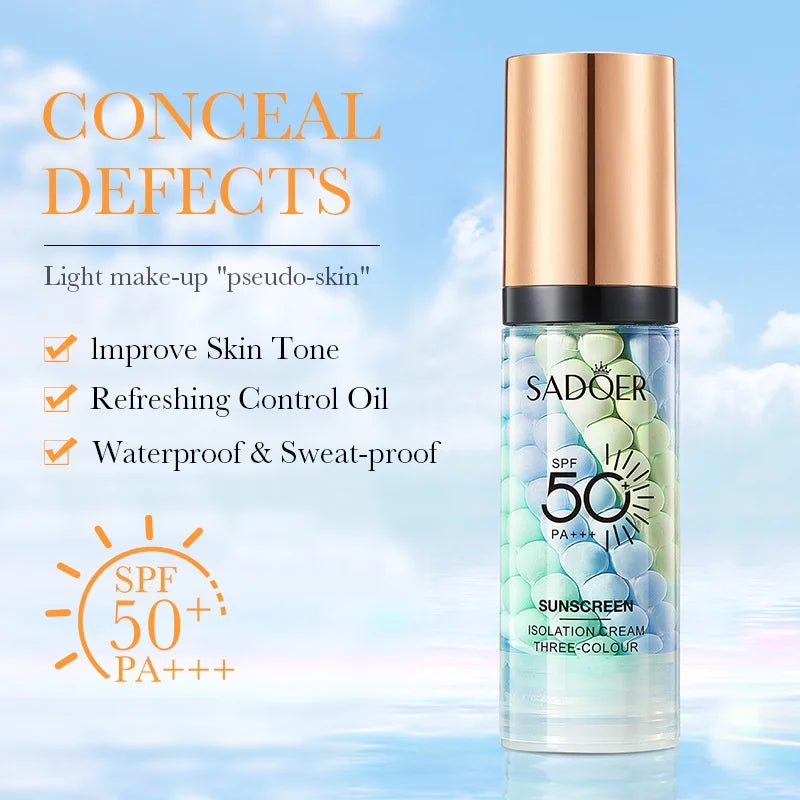 SADOER Three-Color Makeup Primer Cream Brighten Skin Tone and Moisturize Foundation Base Sunscreen SPF 50PA+++