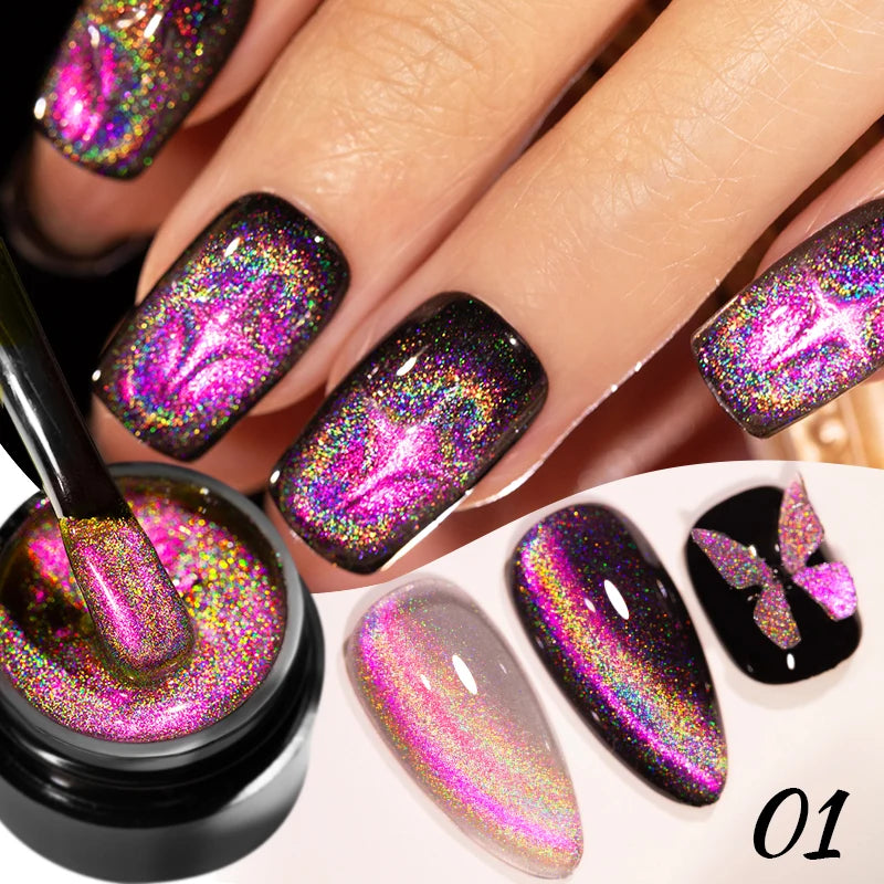 AWStorG Intense Rainbow Cat Eye Gel 5ml Holographic Laser Magnetic Nail Gel Soak Off UV LED Gel Polish Shiny Rainbow Manicur