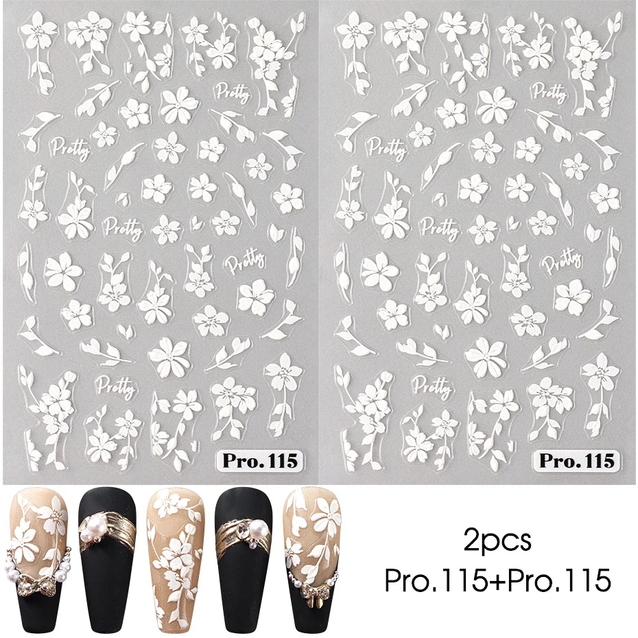 2pcs White Flower 3D Nail Art Stickers Sakura Blooming Florals Leaf Self-Adhesive Nail Decorations Sliders for DIY Manicure