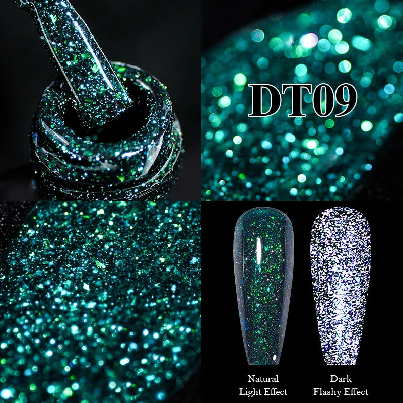 MEET ACROSS 7ml Reflective Glitter Gel Nail Polish Pink Green Purple Sparkling Soak Off UV Gel Polish for Manicure DIY Nail Art