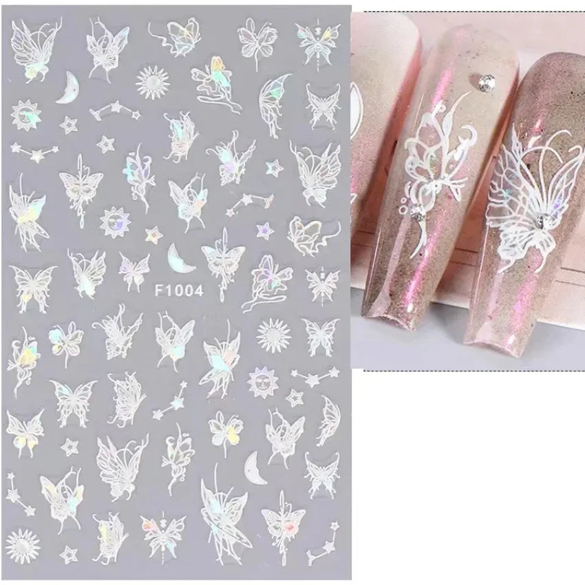 1PCS Black White Butterfly Laser Nail Stickers Y2K Nail Art Decoration Abstract Lines Bronzing Flowers Stickers For Nails