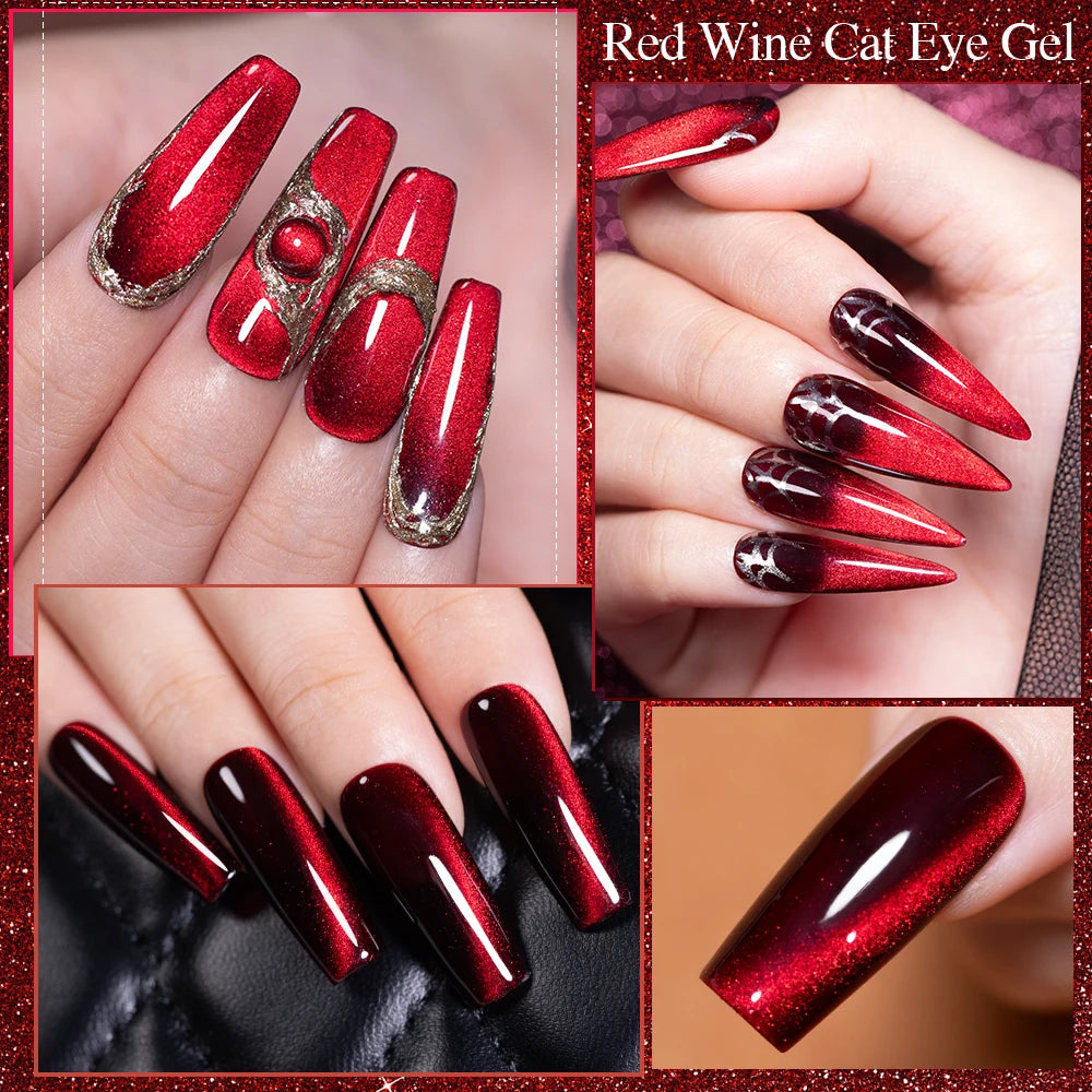 PUENTE 7.5ML Wine Red Magnetic Cat Eye Gel Nail Polish With Magnet, Super Shiny Ruby Red Magnetic Nail Gel, Soak Off UV/LED Lamp Curing, Glossy Varnish, Hypoallergenic Nail Salon Quality Polish for Skin, Gift for Women