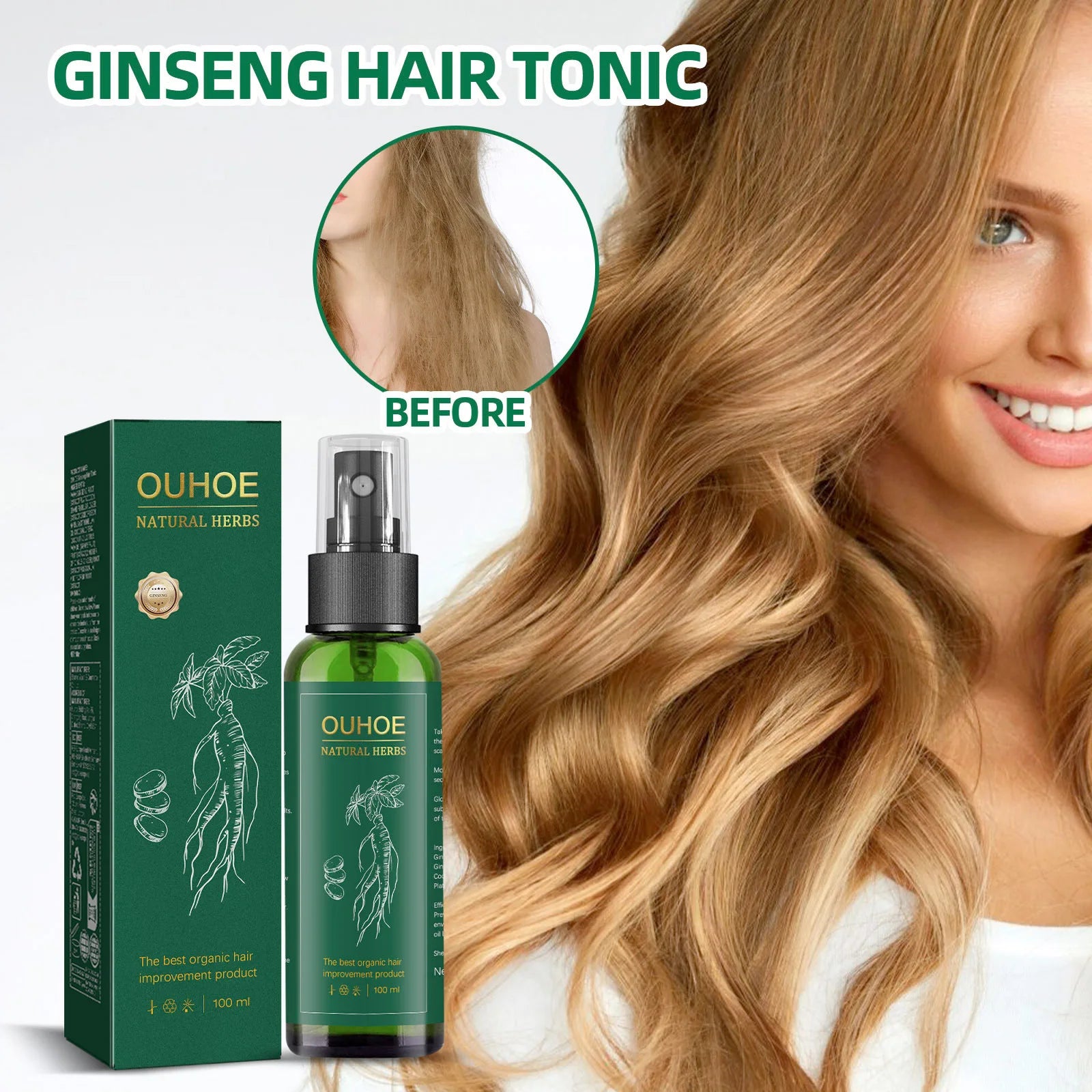 OUHOE Ginseng Hair Care Liquid Ginseng Essence Moisturizing and Softening Hair Care Spray