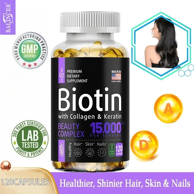 Biotin Capsules 15,000 MCG - Increase Healthier, Shinier Hair, Skin & Nails- 30 To 120 Capsules with Biotin Collagen A & B