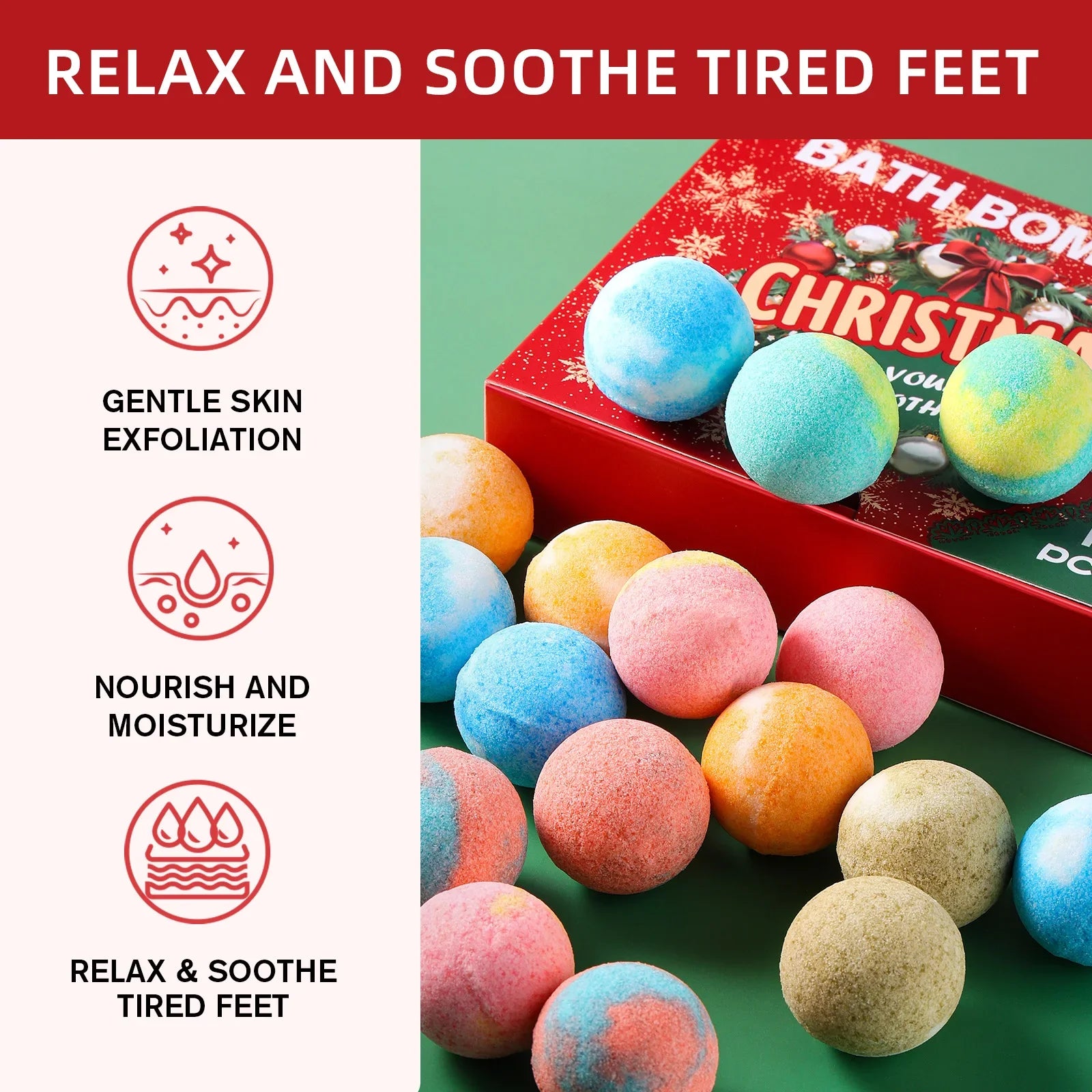 Holiday Sea Salt Bath Bomb Gift Set 12 Pcs - Keratin Formula Softens & Removes Dead Skin, Perfect for Foot Spa & Relaxation.