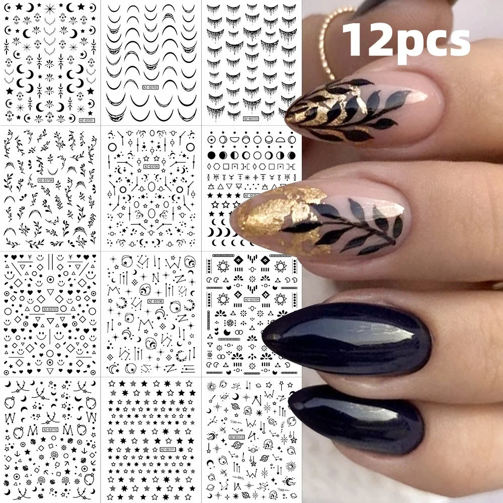 8/9/12/18Pcs New French Nail Stickers Guides DIY Nail Decors 3D Self-Adhesive White+Black Sliders Design Stencil DIY Manicure *&