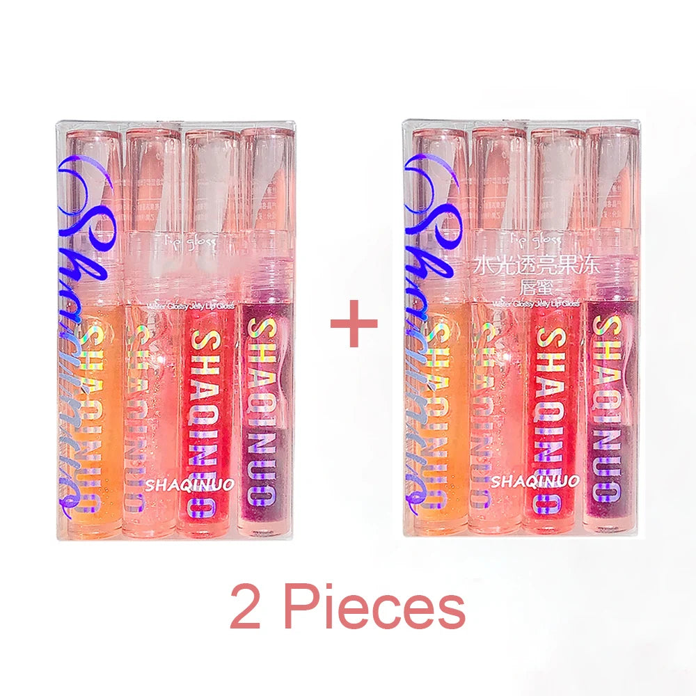 4 PCS Water-gloss Mirror Jelly Lip Gloss Moisturizes Lips Shimmers With Fine Pearls Brightens Lip Color