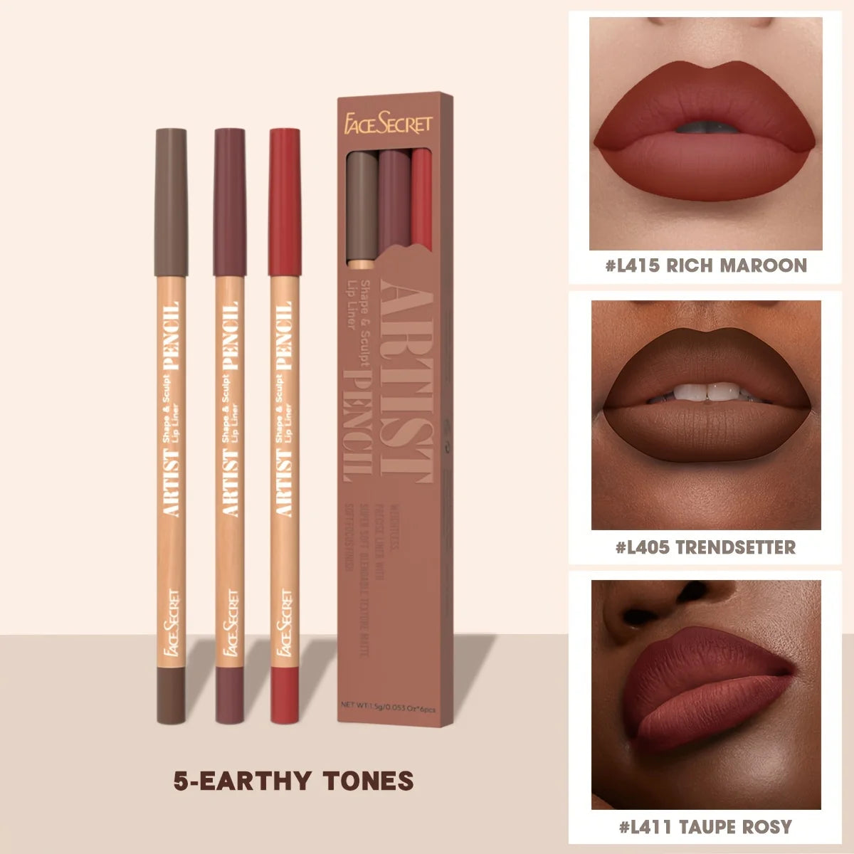 Face Secret 3pcs Set Nude Lip Liner, Natural Matte,Long-Lasting Waterproof,High Pigmented Hook Line Lip Pencil Makeup