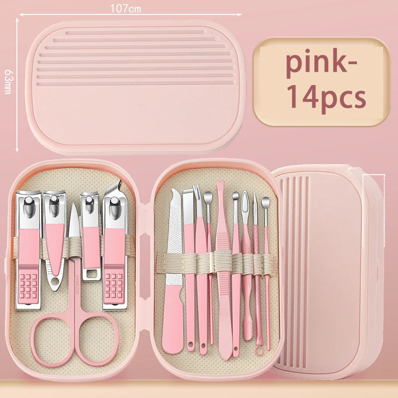 8/14 Piece Deluxe Manicure & Pedicure Set Pink And Blue Stainless Steel Nail Scissors, Clippers, Ear Digging Spoon for Men Women