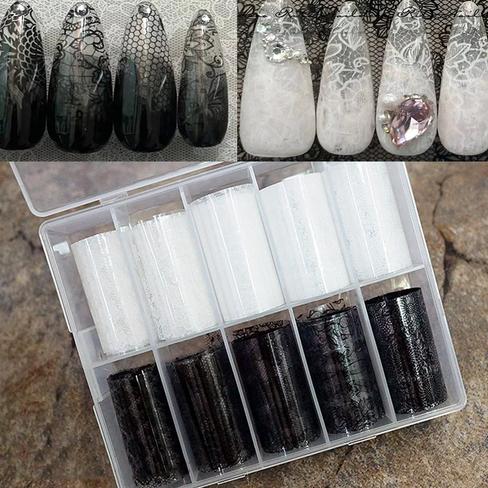 10 Rolls Black/White Lace Foil Transfer Nail Stickers Starry Sky Lace Flowers Nail Foils Stickers Lace  Nails Decoration 4*50CM