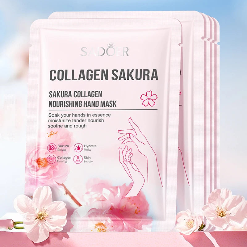 5 Pairs SADOER Sakura Collagen Nourishing Hand Mask Anti Crack Smooth Nourish Dry Hands Reduce Fine Lines For Tender Hand Skin