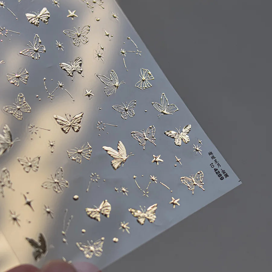 Fashion Silver Metallic Texture Nail Stickers 5D Embossed Stars Bow Love heart Cat Wings  Nail Art Stickers DIY nail decoration