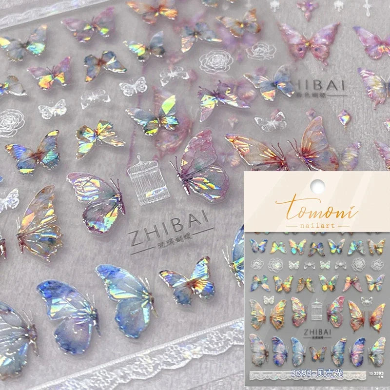 1pcs 5D Luxury Kawaii Butterfly Nail Stickers Japanese Glitter Shell Aurora Nail Art Decorations Decals DIY Manicure Slider Foil