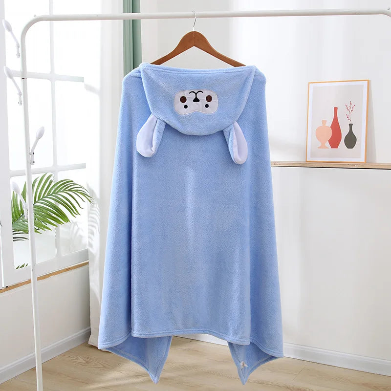 70*140cm Children's Hooded Bath Poncho Plush Coral Fleece Robe with Cartoon Cape Design Fast-Drying Baby Bath Towel