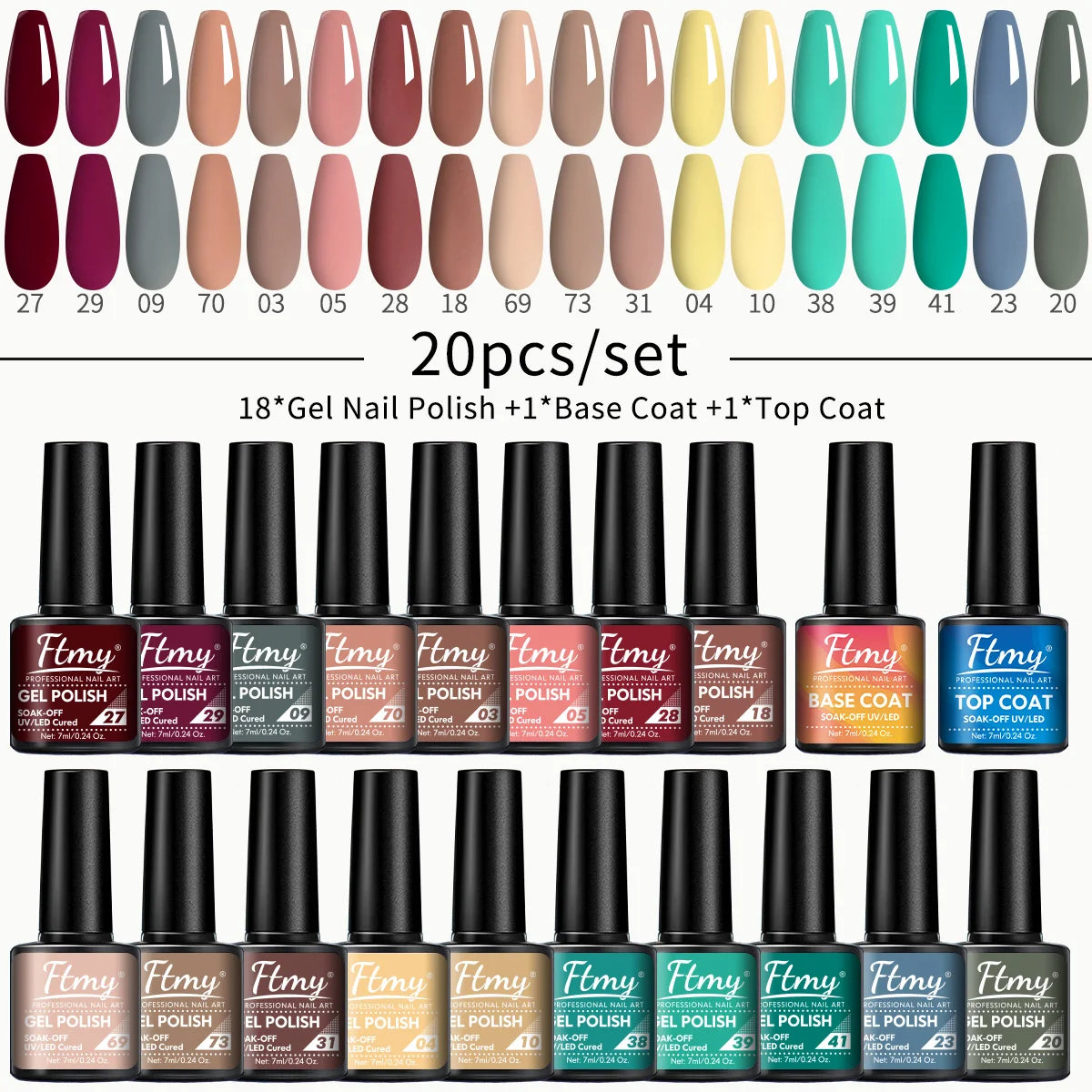 20pcs 7ml Gel Nail Polish Set Popular ColorGel Polish Soak Off UV LED Semi-PemmanentNail Gel Polish Manicure Varnish Dly Starter