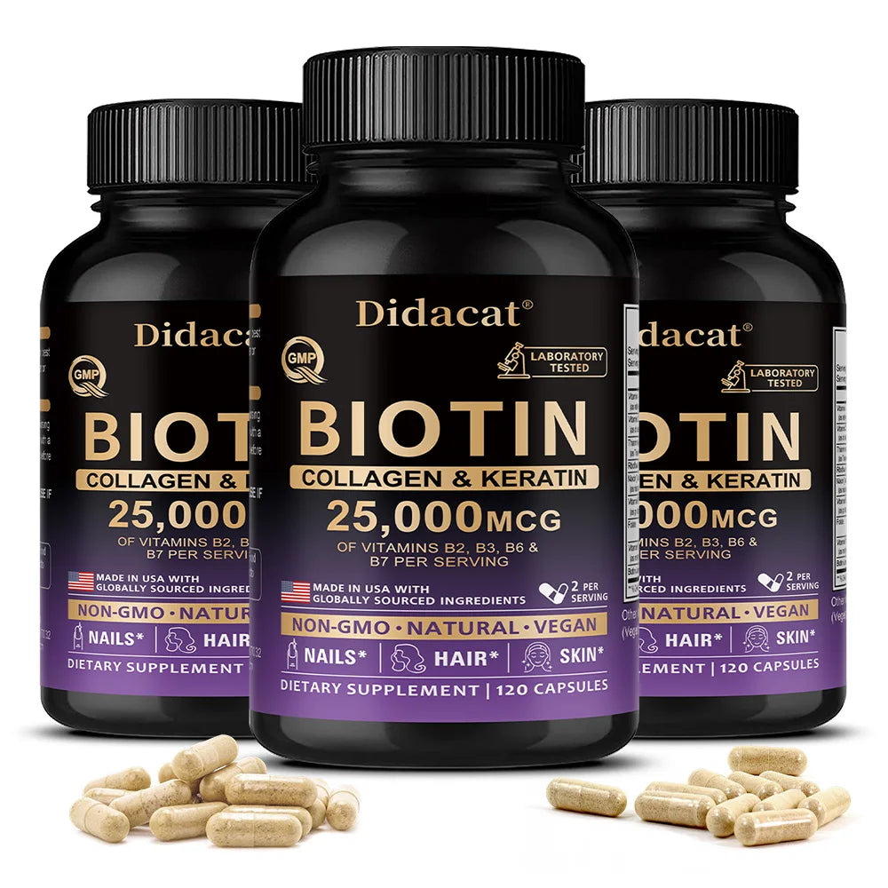 Biotin Vitamins with Collagen & Keratin - 25000 mcg Capsules,B1,B2,B3,B6,B7 Complex,Healthy Nails & Skin,Hair Growth