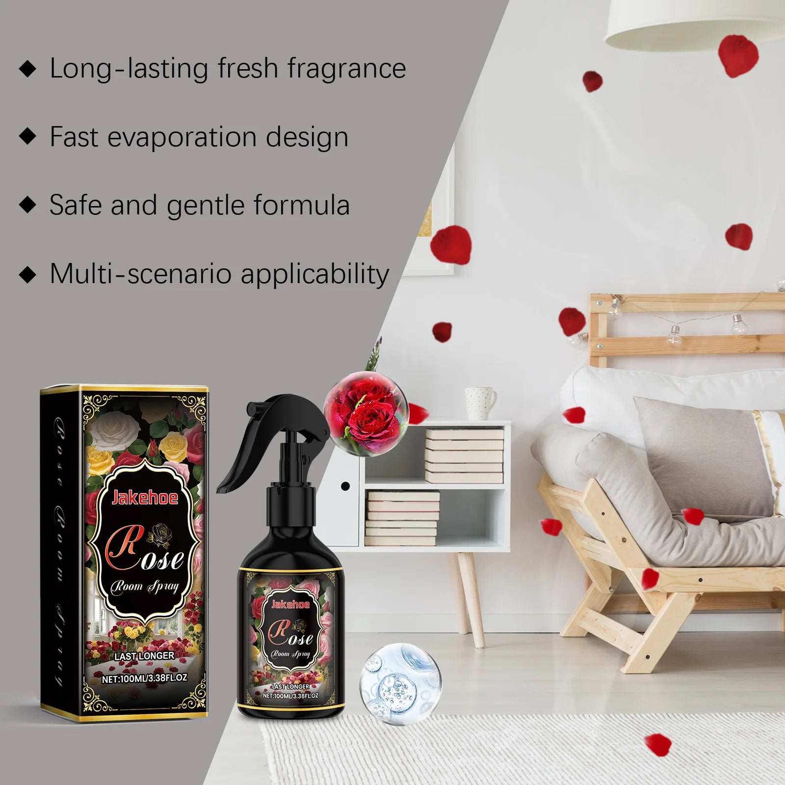 100ml Rose Scented Room Spray Long Lasting Air Freshener Natural Fragrance for Bedroom Bathroom Office Instant Odor Eliminator