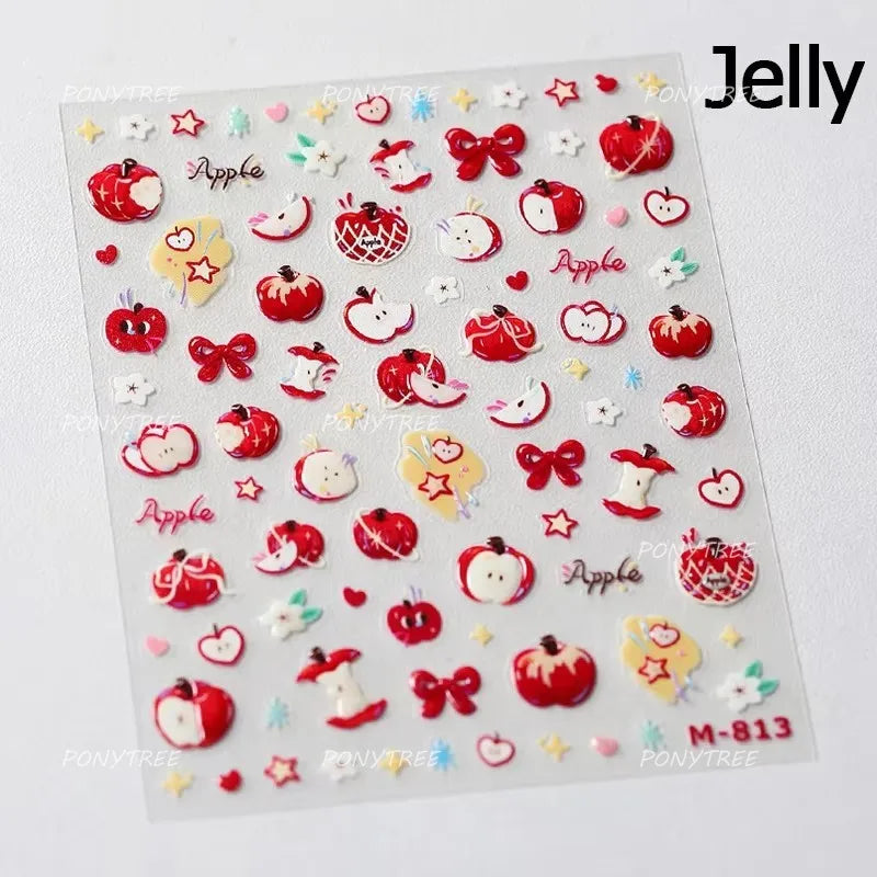 Shiny Attractive Apple Core Peel Cute Fruits Bowknot Tie Star Self Adhesive Nail Art Stickers Charming Rhinestone Manicure Decal
