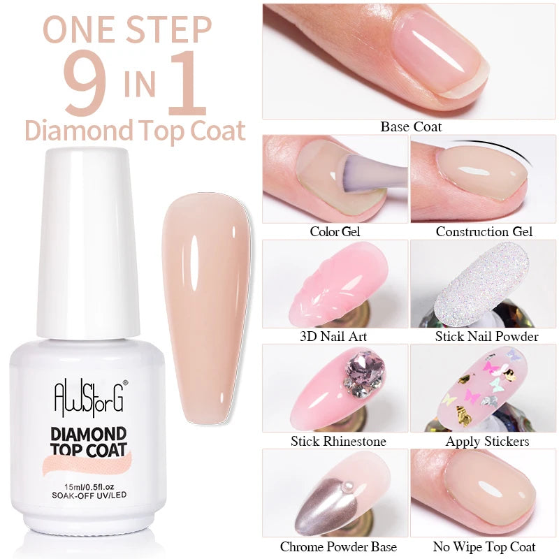 AWStorG15ml 2 IN 1 Crystal Top Coat Transparent Soak Off UV LED Nails Art Manicure Gel Nail Polish Varnishes Primer Function Gel