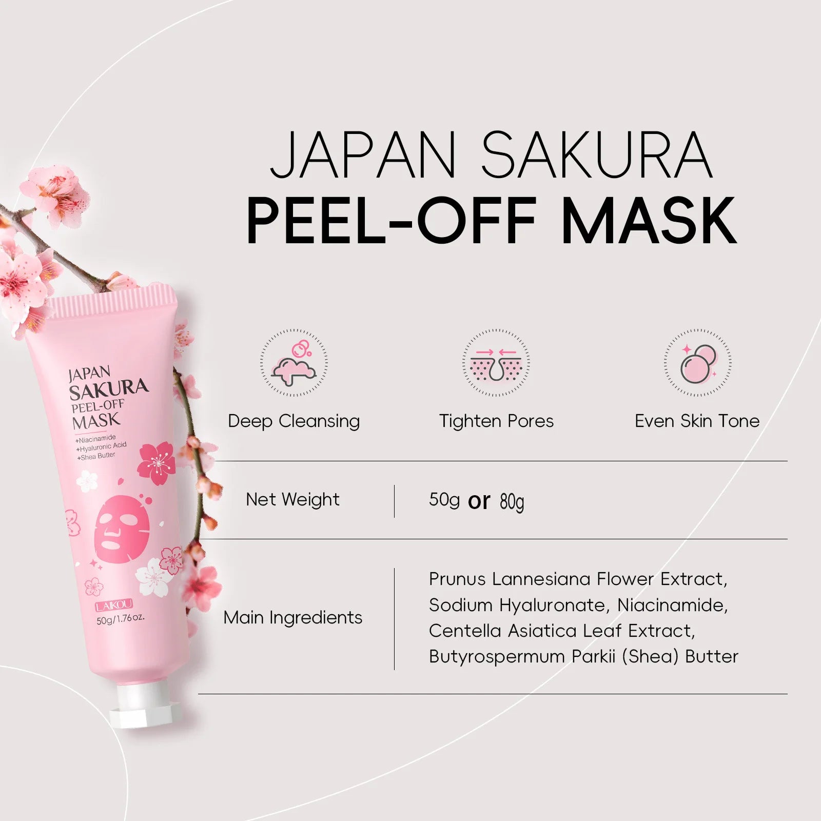 LAIKOU Cherry Blossom Peel Off Mask ,Hydrating & Deep Cleansing Brightening Face Mask for Blackhead Removal and Pore Minimizing