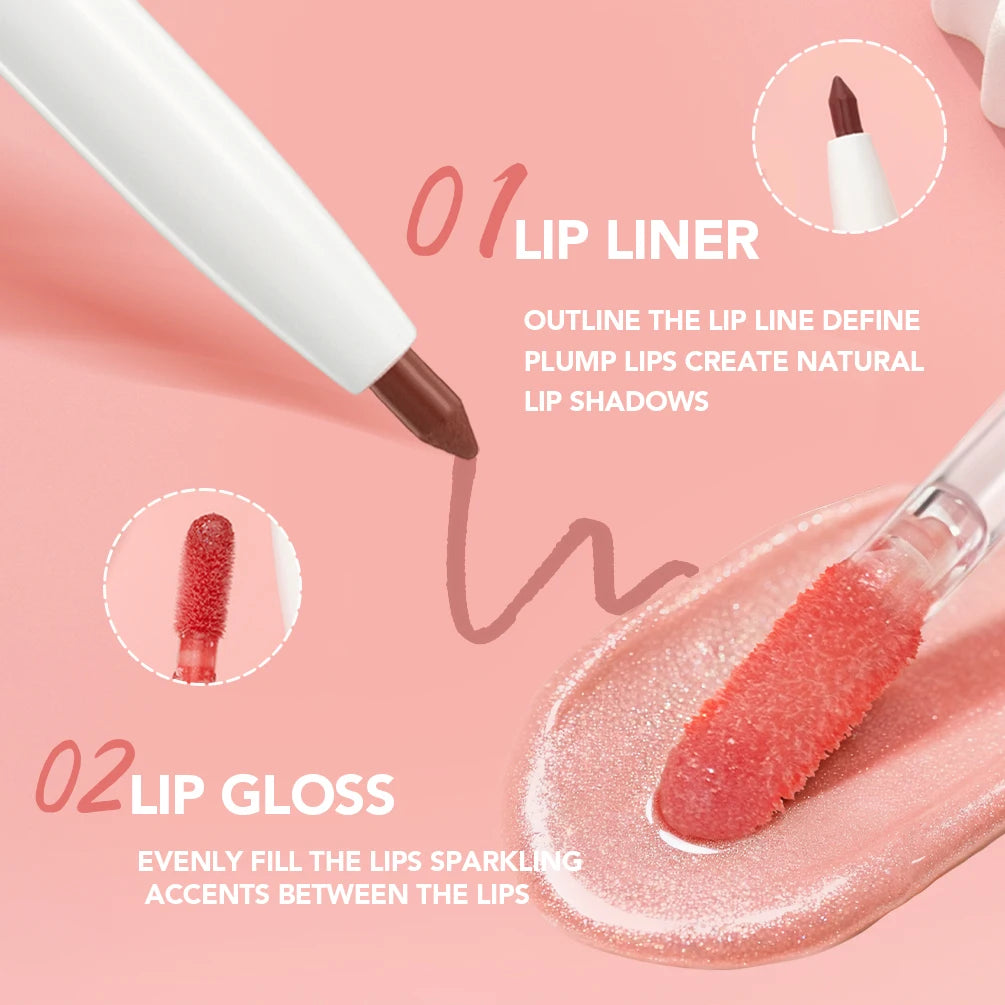 QIBEST Double Head Mirror Lip Glaze Lipliner Pen Water Light Lipgloss Makeup 2 in 1 Stick Matte Velvet Lip Liner Contour Pencil