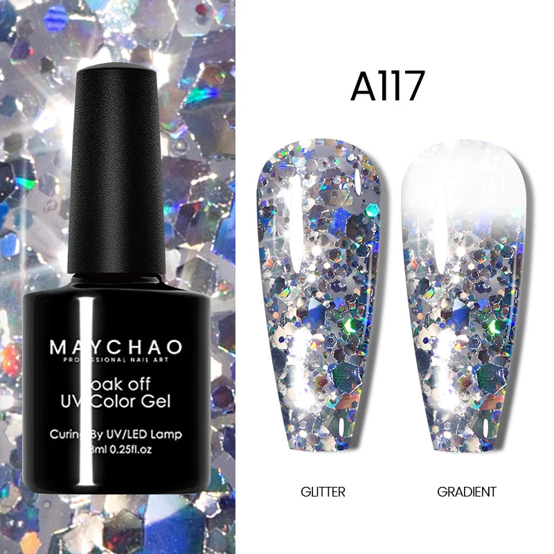 MAYCHAO Glitter Gel Nail Polish 7.3ml Semi-permanent Sequins Shiny Gel Base Top Coat Soak Off UV LED Varnish Nail Art Decoration