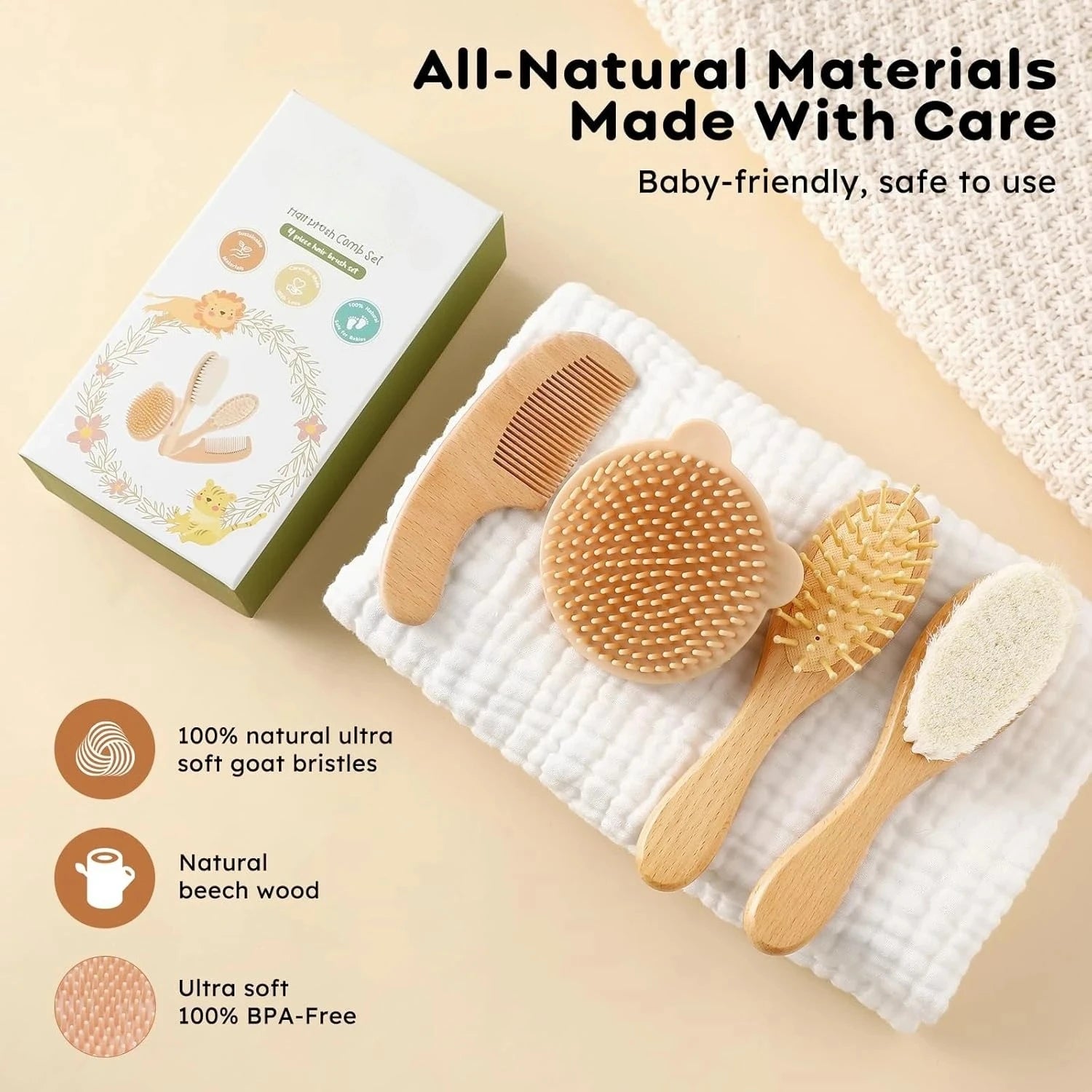 4pcs Baby Brushes Comb Set Wooden Natural Ultra Soft Goat Baby Hair Massage Brush for Newborn Hair Combs Set for Boy Girl