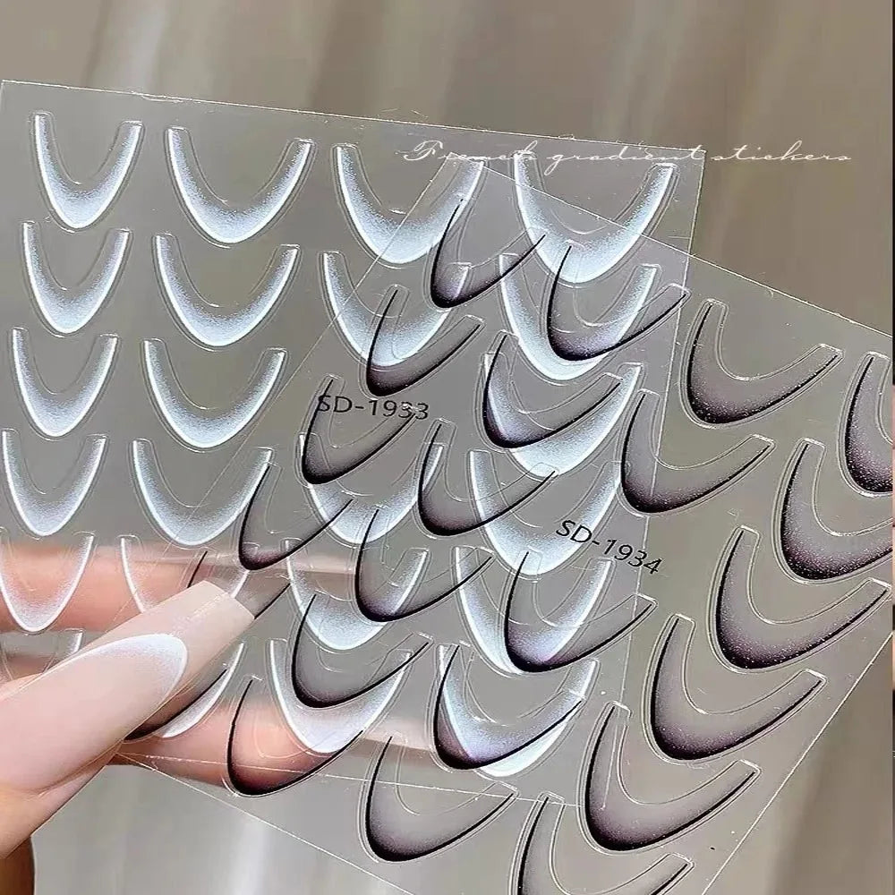 2 Sheets French Gradient Line Nail Art Stickers 3D Self Adhesive White Black Household Salon Manicure Supply
