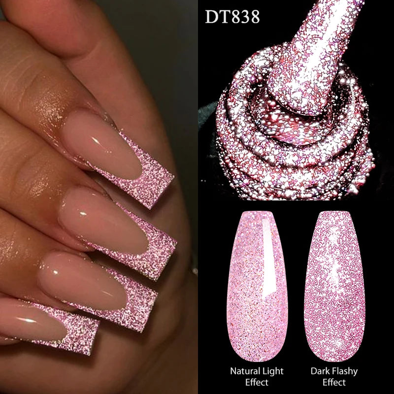 MEET ACROSS 7ml Dark Color Glitter Top Coat Gel For Nails Brocade Powder 2 In 1 Chameleon Nail Art Gel Varnish Manicure