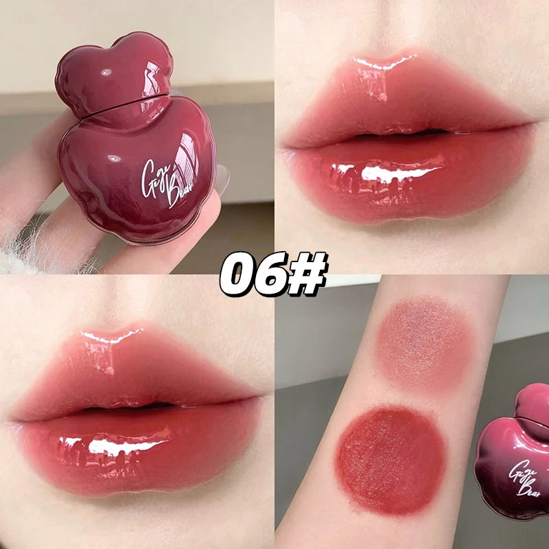 Gege Bear Heart Shape Water Light Lip Llaze Mirror Lipstick Lip Gloss, Hydrating Moisturizing, Long Lasting