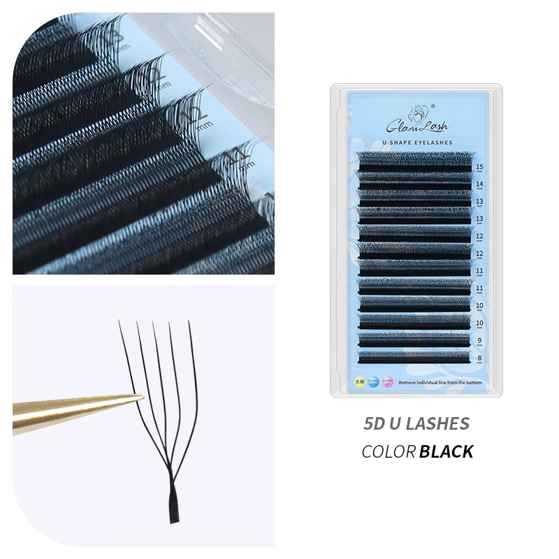 GLAMLASH U Shape YY False Eyelashes 8-15mm Mix C D Curl Double Tips Lashes Extension Hand-wowen Individual Eyelash
